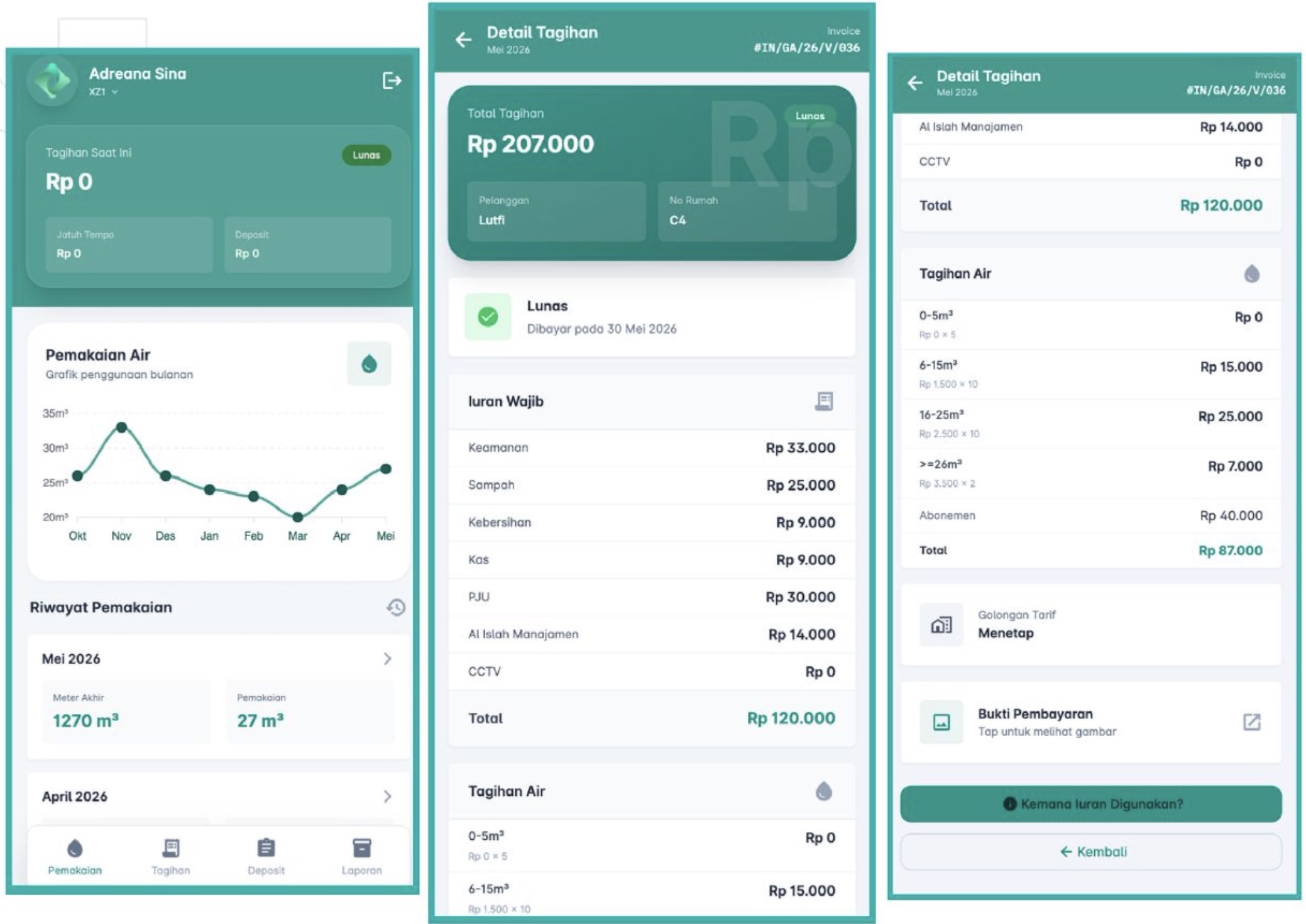 Demo Portal Pelanggan HitungAir - Riwayat dan Profil Pelanggan